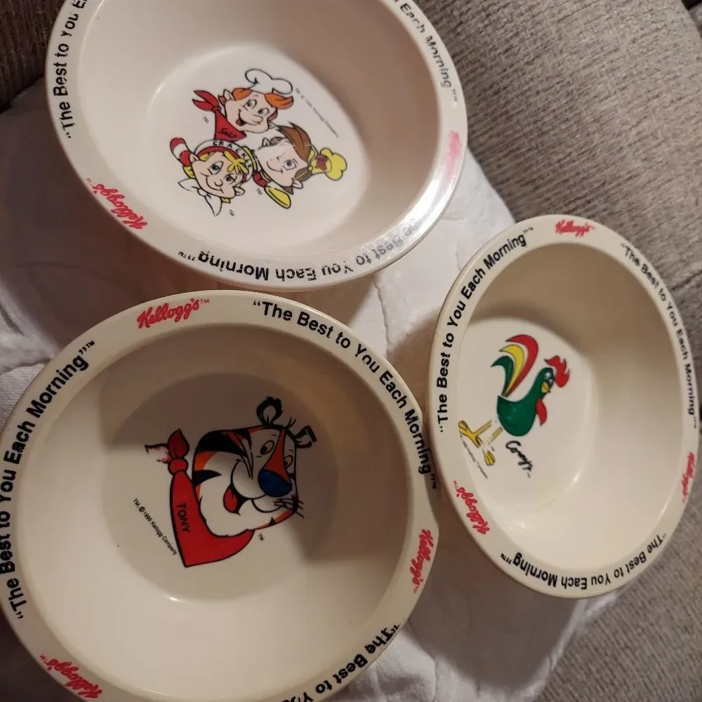 Vintage 1995 Kellogg's Cereal Bowls, Retro Plastic Bowls Corn Flakes Rice Krispy